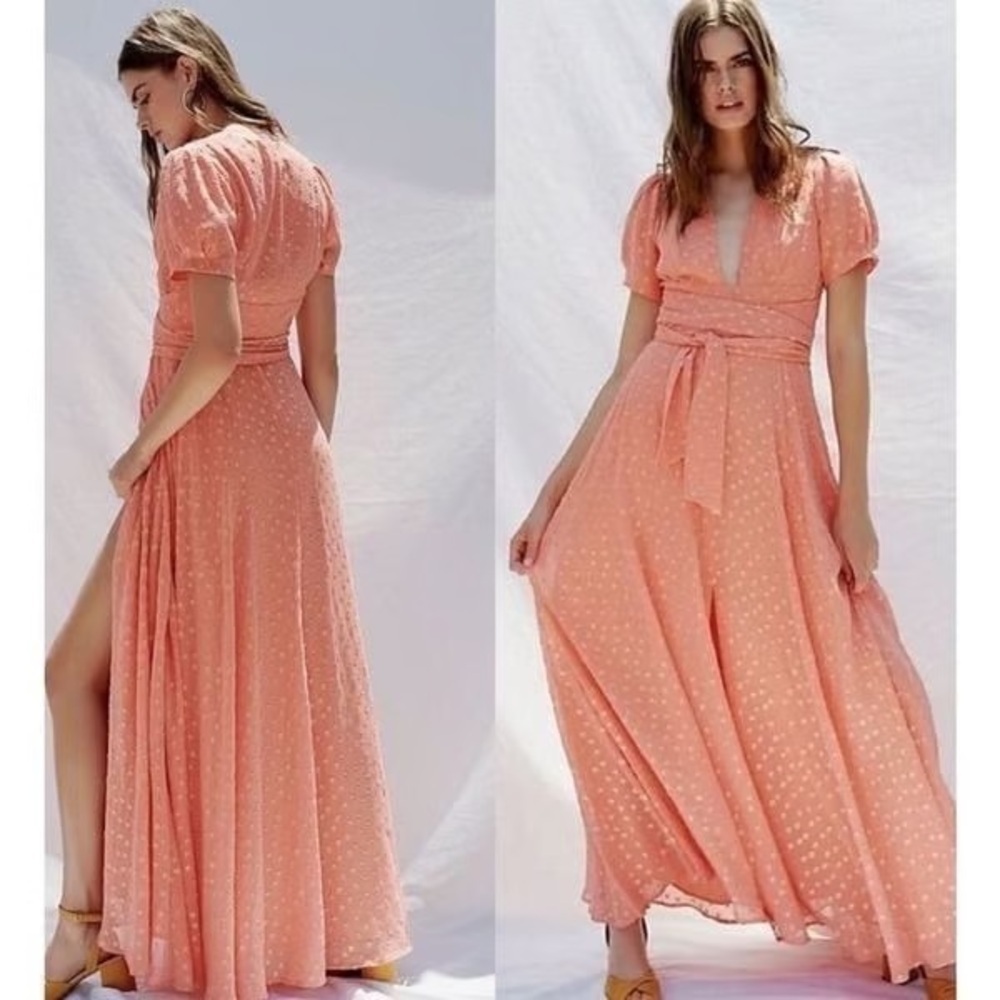 Free People wanderer Maci dress boho gown coral chiffon metallic gold textured 4